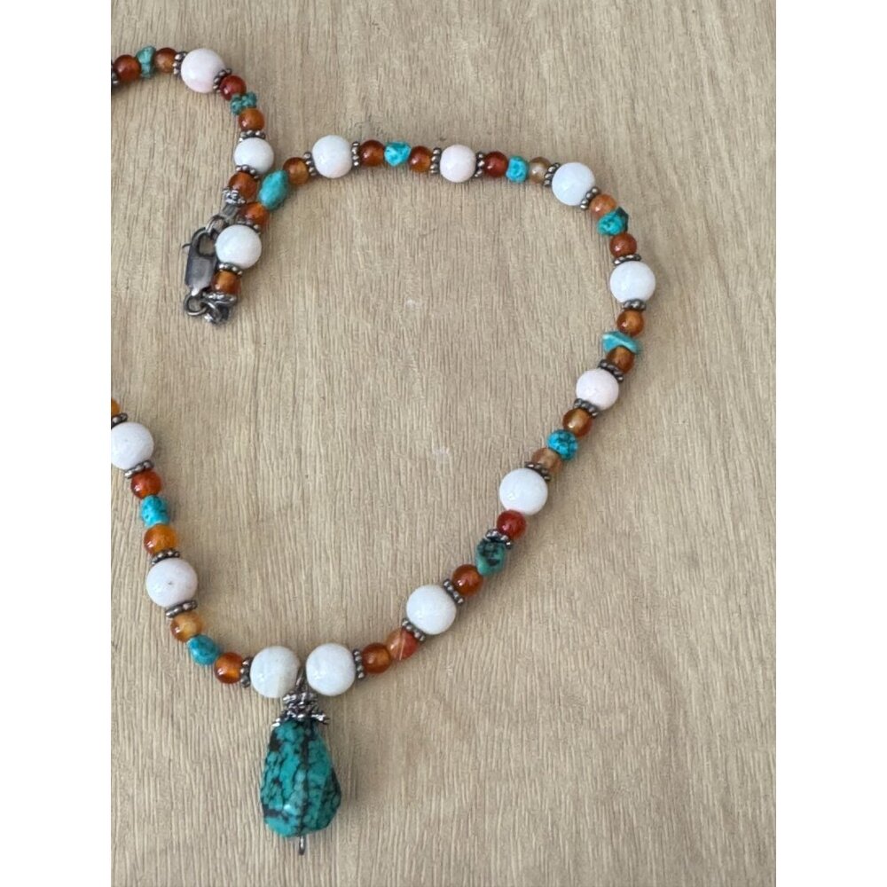 Vintage Tiger Eye Beaded Necklace Turquoise Pendant 32 Inches Stone Metal - Picture 7 of 11